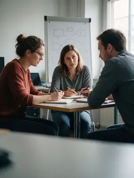 Drei Personen besprechen am Tisch eines kleinen IT-Büros einen Ablauf (KI-generiertes Bild)