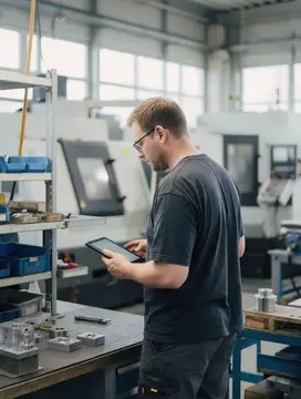 Mitarbeiter mit Tablet an einer Werkbank in einer Fertigungshalle (KI-generiertes Bild)